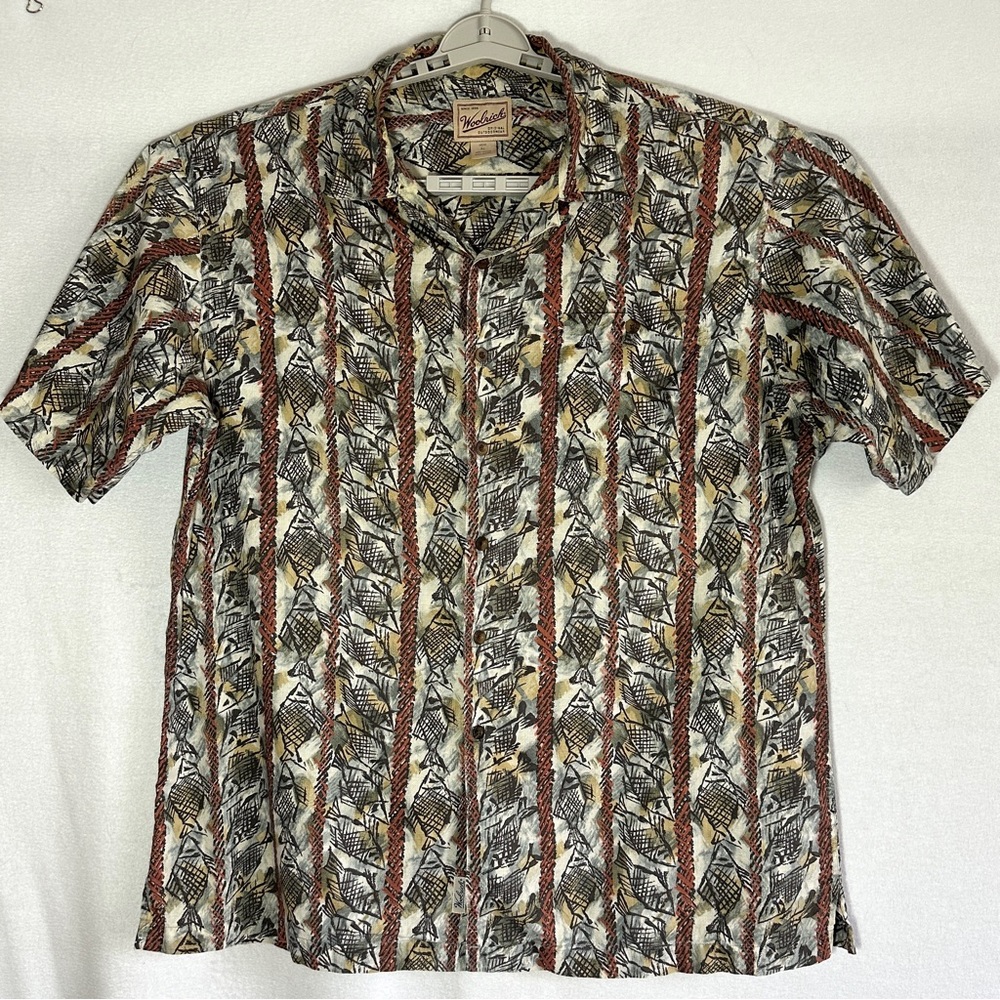 WOOLRICH men's button camp shirt XL cotton fish all over print short sleeve